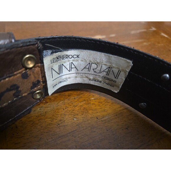 Leatherock Belt by Nina Arjani Brown Leather Cow Skull Leopard Print Size L Vntg - Picture 3 of 5